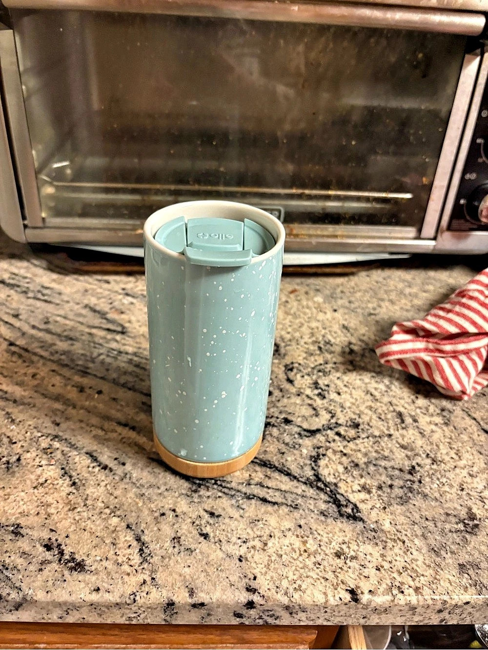 Ello Jane 16oz Ceramic Travel Mug with Handle & Wood Base - Mint/Dusty Blue spe